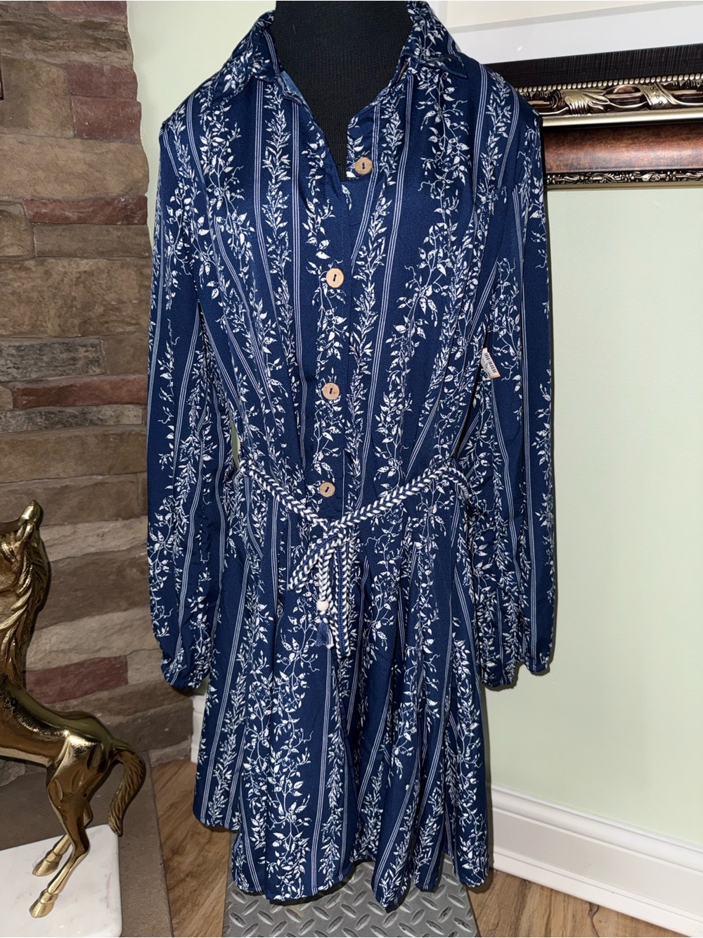 indulge Boho Navy and White Floral-Stripe Button Front Long Sleeve Dress, Size L